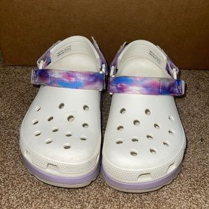 crocs hiker, white with purple, pink, and blue straps.